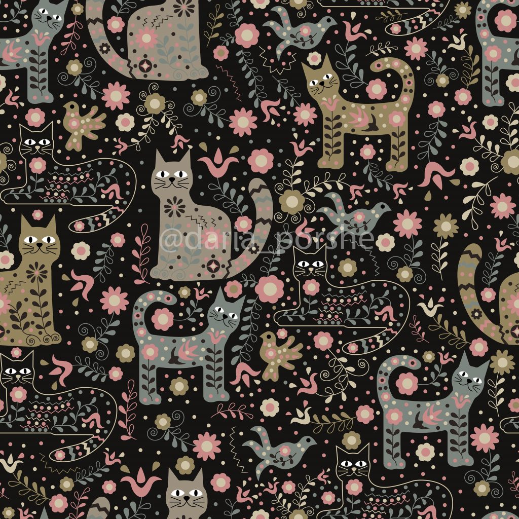 the pattern of cats, birds and flowers on a dark background
