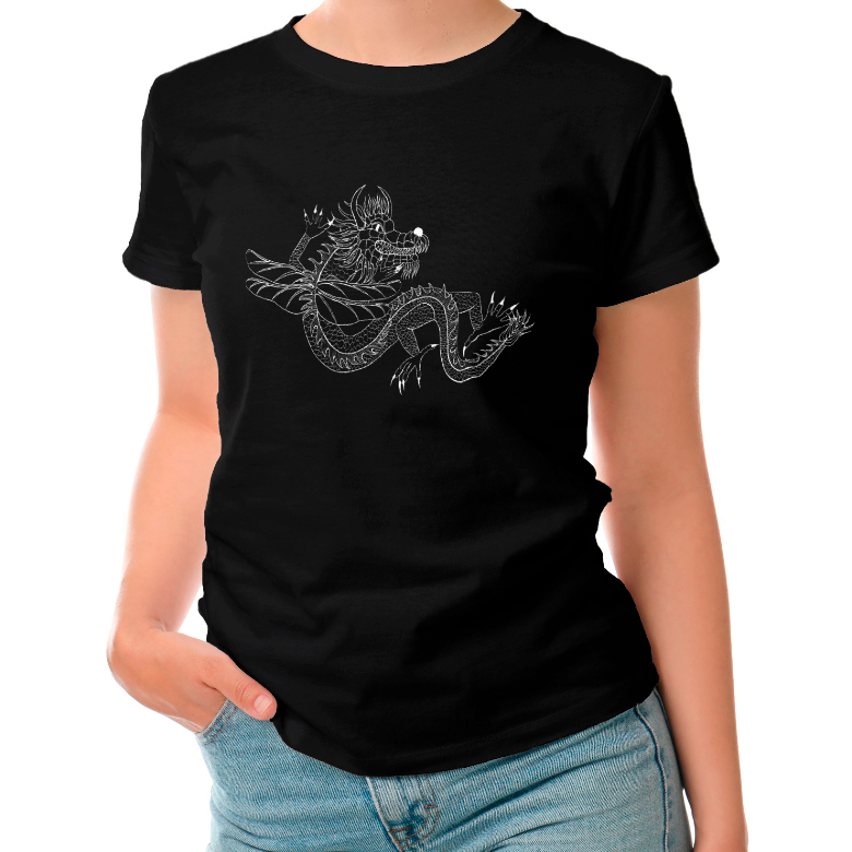 футболка женская "дракон графика, белый дракон"